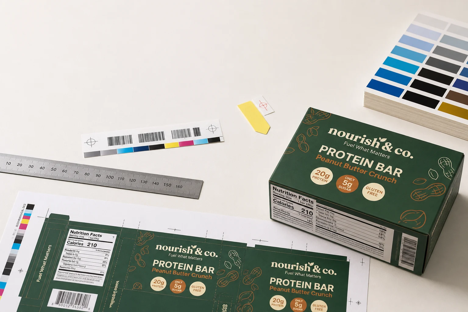 Packaging proof with a dieline, Nutrition Facts panel, barcode, ruler and print color controls